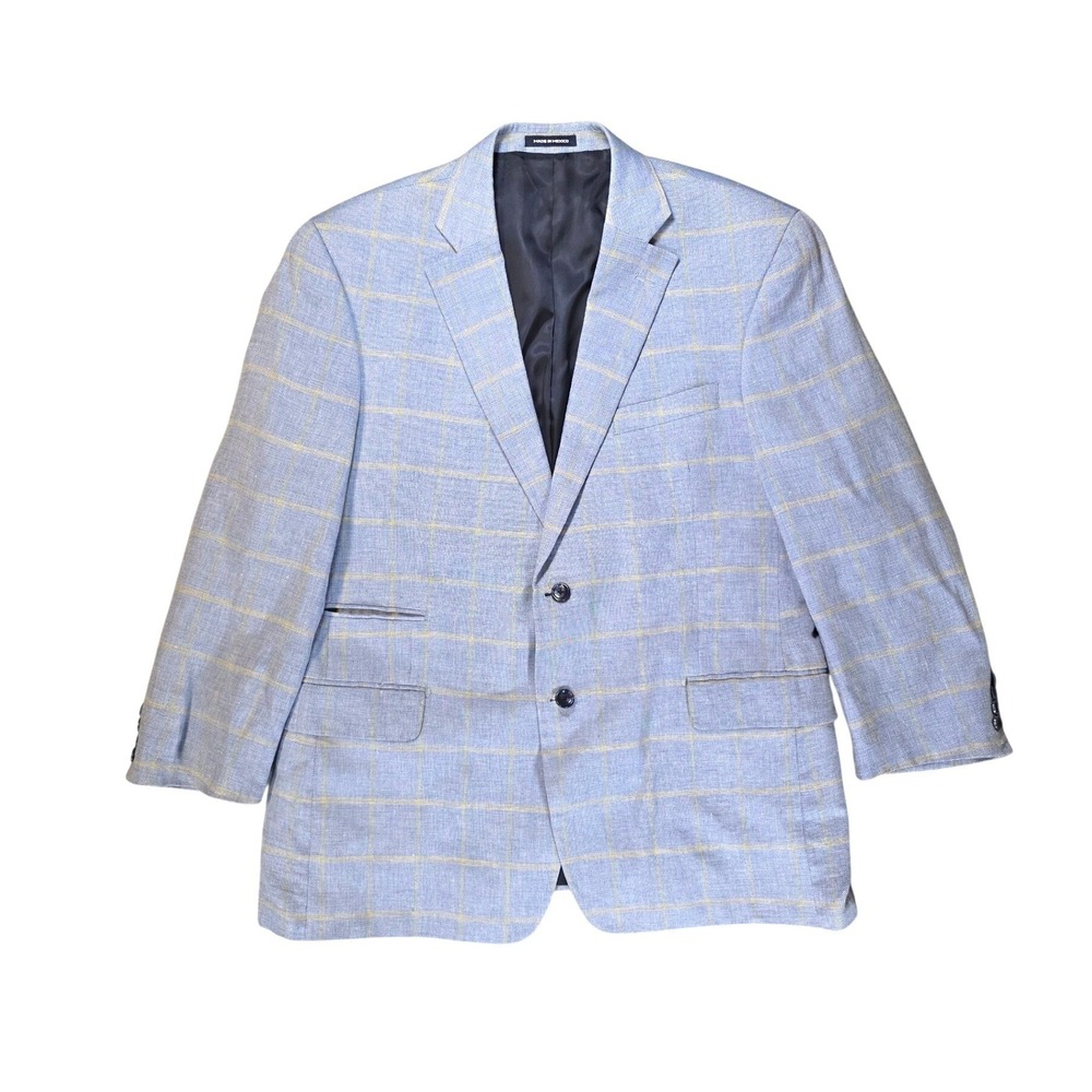 Paul Fredrick Mens 44S Sky Blue Windowpane Linen Cotton Blazer Sport Coat